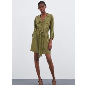 ZARA Olive Green Belted Button Shirt Mini Dress S